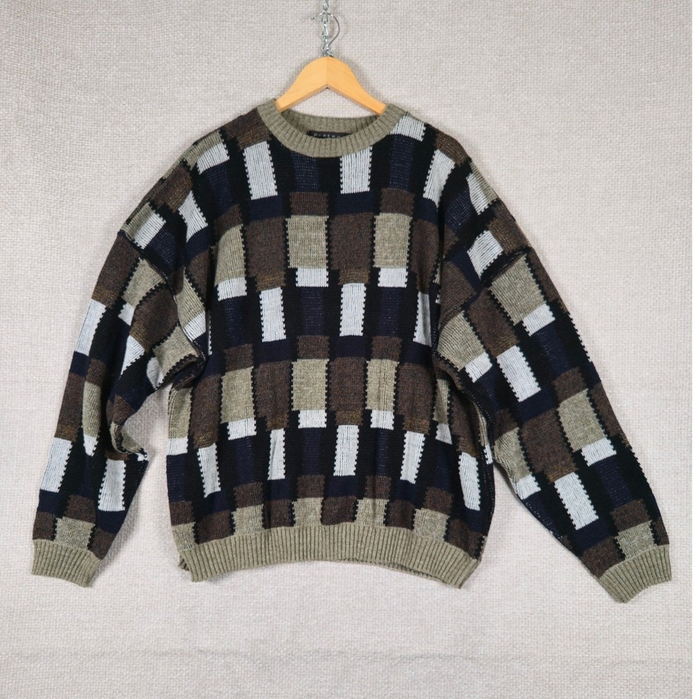 Protege Collection Vintage 90s Geometric Block Knit Sweater Mens‎ XL Made in USA
